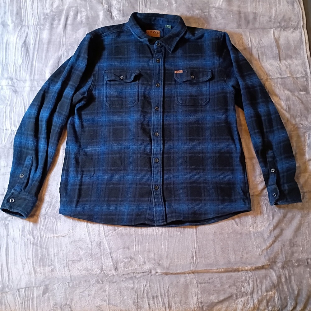 Orvis Mens XL Blue Black Shadow Plaid Heavyweight Cotton‎ Flannel Shirt 1312517